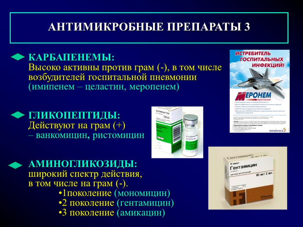 АНТИМИКРОБНЫЕ ПРЕПАРАТЫ 3 КАРБАПЕНЕМЫ: Высоко активны против грам (-), в том числе возбудителей госпитальной